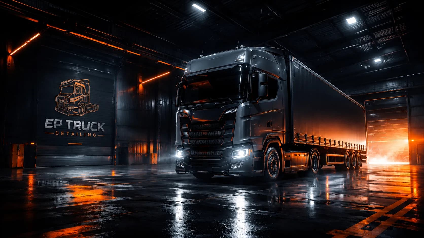 Camion EP Truck Detailing brillant dans un atelier de detailing, éclairage orange